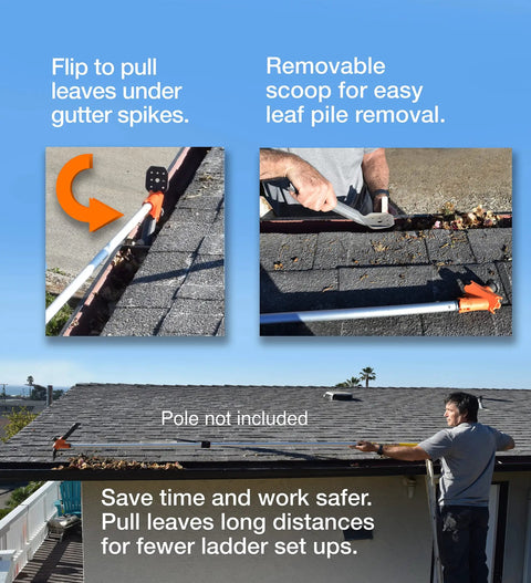 Gutter Cleaner Pro tool used from ground and roof to clean gutters, no ladder needed, removes leaves under spikes, pole not included.