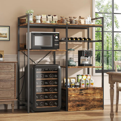 Super Handy 4 Tier Fridge Stand With Storage Shelves And Rolling Drawer Bakers Rack With Power Outlet And Wine Rack