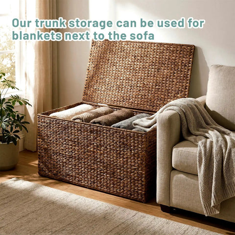 Large Water Hyacinth Wicker Storage Chest With Metal Frame, Beefy Heavy-Duty Trunk With Lid next to sofa in living room