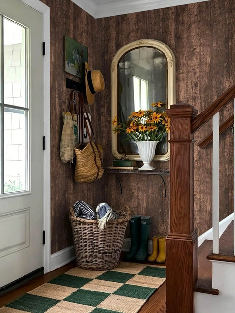 Entrance with Dark Walnut Wood Peel And Stick Wallpaper Roll 590 Inch Long Seventeen Point Seven Inch Wide Self Adhesive Plank Grain
