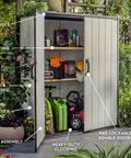 Tall Resin Outdoor Storage Shed For Backyards, Weatherproof 62 Cu Ft Capacity With Shelving Brackets For Tools, Patio Furniture, Pool And Bike Storage, Easy Assembly, Gray And Black shown with open doors and garden equipment inside.