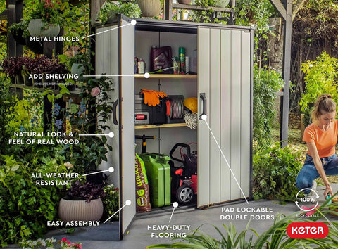 Tall Resin Outdoor Storage Shed For Backyards, Weatherproof 62 Cu Ft Capacity With Shelving Brackets For Tools, Patio Furniture, Pool And Bike Storage, Easy Assembly, Gray And Black shown with open doors and garden equipment inside.