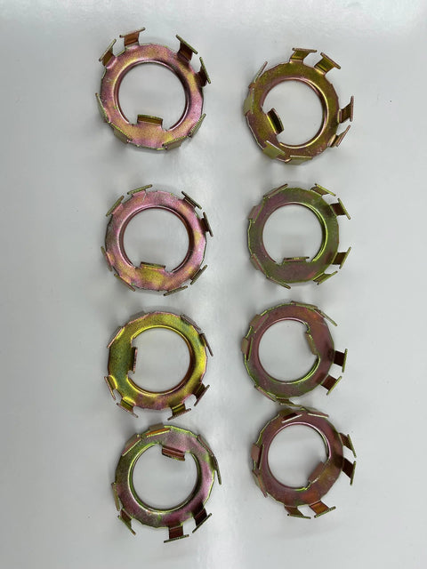 Spindle nut retainers for EZ-Lube Dexter 2-8K trailer axles, nine iridescent metal pieces