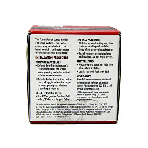 Back of Cortex Hidden Deck Fasteners For Trex Select box showing installation instructions and warranty details.