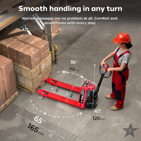 Heavy Duty Electric Pallet Jack Truck With 4400 Lb Capacity Featuring Extra 48V Lithium Battery For Quick Charging And Nonstop Warehouse Hustle Plus Powered Walkie Drive And Huge Forks in a warehouse handling boxes.