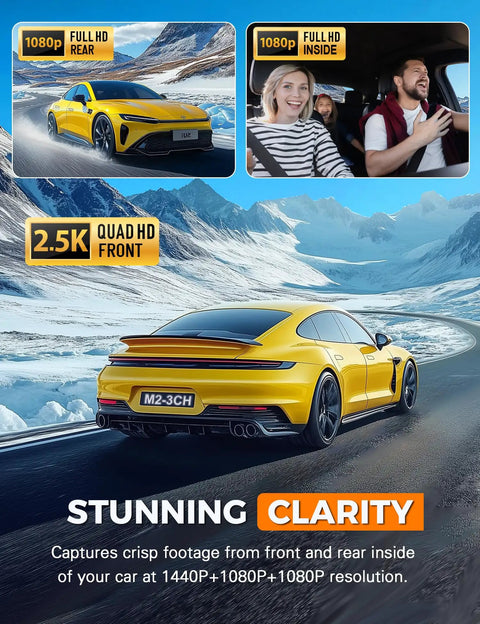 3 Channel WiFi Dash Cam With Front, Rear And Cabin Cameras, 2.5K Plus 1080P Front And Inside Footage, G-Sensor, Loop Recording