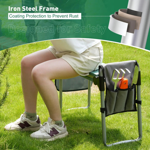 Person using 2 In 1 Garden Kneeler And Seat With Wide EVA Foam Kneeling Pad Detachable Tool Pouch Upgraded Folding Gardening Work Bench outdoors