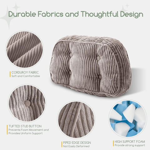 Lumbar Support Pillow For Your Recliner Accent Chair Couch Or Office Chair With Tufted Corduroy Back Cushion, featuring fabric details and foam.
