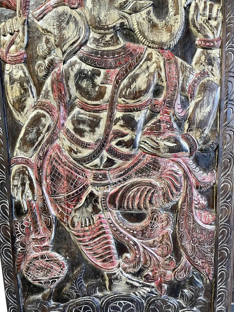 Slick Vintage Carved Wood Barn Door Panel Featuring An Epic Indian Ganesha Motif, showcasing intricate craftsmanship and details.