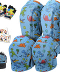 Kid Friendly Knee And Elbow Pad Set With Pro Grade Bike Gloves For Ages 2-11 All Day Fun Flexible Impact Resistant Protective Gear For Balance Bikes Roller Skating And Skateboarding Dinosaur Design Small in blue with dinosaur print includes gloves, stickers, and a mesh bag.