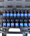 Grab The Ultimate 19 Piece Metric Impact Socket Set With Deep Well And Shallow Sockets Made From Tough Chrome Moly Steel Perfect For Auto Repair And Heavy Duty Jobs Featuring Universal Hex Sizes Plus Essential Extension Bars To Get Any Job Done Right., 3/8 drive metric impact sockets in case