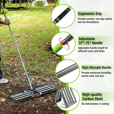 Person using Beefy Heavy Duty Lawn Leveling Rake with 30x10 inch ground plate and 6-foot handle in a garden