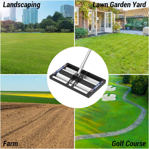 Pro Grade Heavy Duty Lawn Leveling Rake With Aluminum Rollers And Stainless Steel Build shown for landscaping, garden, farm, and golf use