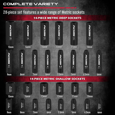 Image of Pro Grade All In One 73 Piece Hex Torx Impact Socket Set with labeled metric deep and shallow sockets.