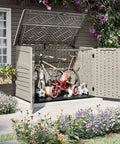 Horizontal Outdoor Storage Shed For Trash Cans And Yard Tools All Weather Resin With Soft Close Lid Wood Like Finish UV Protected Reinforced Floor Holds Two 96 Gallon Cans Made In The USA with open lid showing garden tools and bicycle