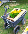 Gorilla Cart with Four Pack 13 Inch No Flat Replacement Tires for Lawn Wagons, loaded with plants on grass