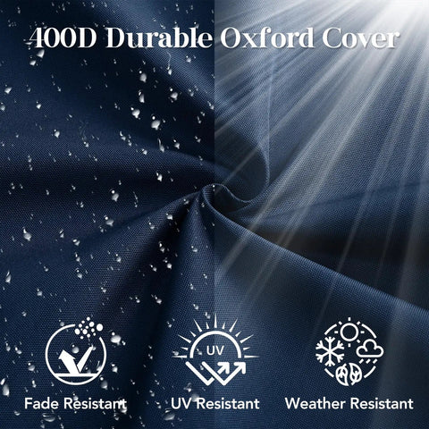 Close-up of 400D durable oxford cover showing waterproof and fade-resistant features for Outdoor Chair Cushions Set Of 4 For Patio Furniture 24x24 Inch Deep Seat Cushions With 24x22 Inch Backrest Waterproof Fade Resistant Navy Blue All Weather Cushions For Cozy Patio Sofas And Chairs.