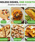 Assorted breakfast dishes including crepes, pancakes, omelettes, quesadillas, flatbreads, and French toast on a single cooktop.