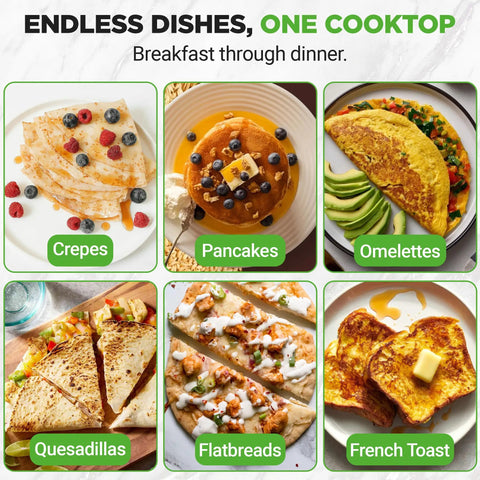 Assorted breakfast dishes including crepes, pancakes, omelettes, quesadillas, flatbreads, and French toast on a single cooktop.