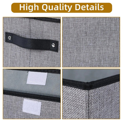 Durable Fabric Storage Baskets With Lids And Handles, Clear Front Window For Easy Visibility, close-up details of handle, stitching, and velcro closure