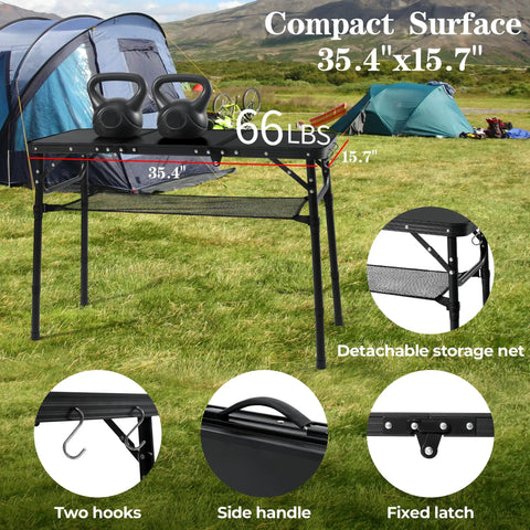 Foldable Camping Table With Storage Net Aluminum Portable Table With Three Height Settings Up To 27.3 Inches outdoors by tent