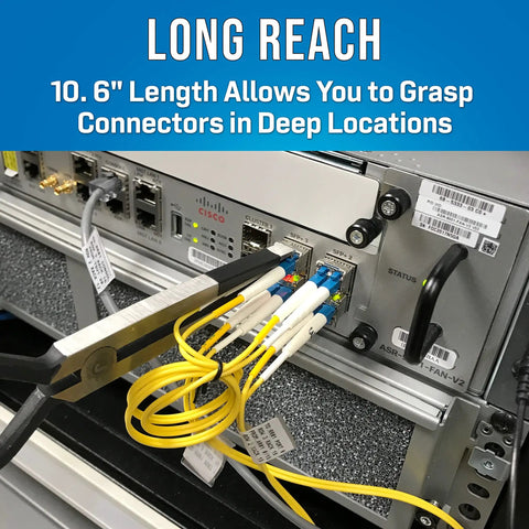 Fiber Optic Inserting And Extracting Tool With Bent Nose Jaw for SC Simplex, SC Duplex, and LC Duplex Connectors in use