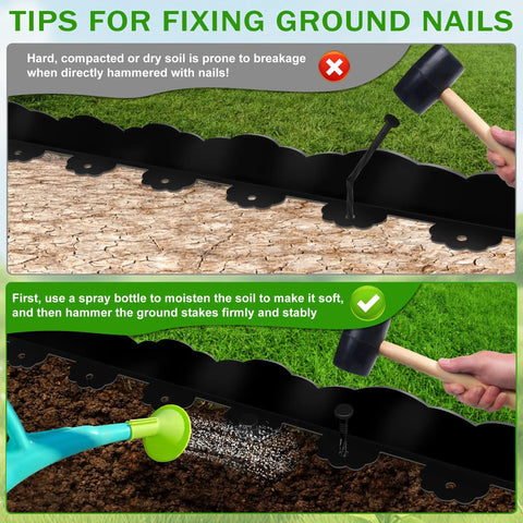 Tips for installing Durable 33 Ft No Dig Landscape Edging Border With 50 Spikes 4 Inch Tall Plastic Lawn Edging in soil.