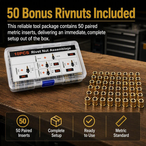Rivet Nut Kit With Organizer Box M3 Through M8 Drill Adapter Set Includes 10 Pcs Per Model With Custom Slots For Mandrels And Hardware, 50 paired inserts in clear case