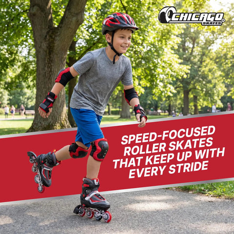 Kid wearing inline roller skates, protective gear, skating outdoors, Kid-Friendly Inline Roller Skates For Indoor And Outdoor Fun, Built Tough For Safe, Smooth Rides On Sidewalks And Rinks, Breathable High-Top Boots, 70mm Urethane Wheels With ABEC-3 Bearings, Easy Fit For Girls And Boys.