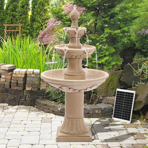 Solar Water Fountain Outdoor Garden Decor Three Tier Cascading Bubbler Waterfall With Pump for Patio And Backyard Forty Eight Point Four Inch Tall Resin Floor Standing Fountain in garden setting