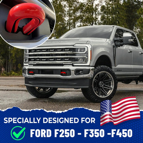 Red Silicone Front Tow Hook Covers For Ford Super Duty F250 F350 F450 2017-2026, Flush Fit Design, installed on truck