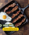 Seasoned Cast Iron Square Griddle Pan, 11 inch cooking bacon and eggs, textured surface seen on stovetop