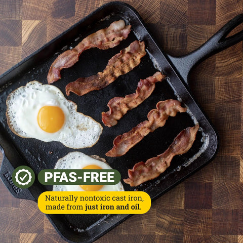 Seasoned Cast Iron Square Griddle Pan, 11 inch cooking bacon and eggs, textured surface seen on stovetop