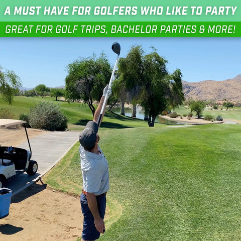 Golfer using Beer Bomber Golf Club Beer Bong Party Accessory for Golfers Ultimate Novelty Gift 12oz Grip N Rip Design Tee Box Cheers