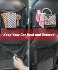 Two Pack 14 By 10 Inch Double Layer Mesh Cargo Net Stretchable Car Organizer Netting For Trunk RV Boat Home Auto With Screws And Hooks Keeps Your Gear From Sliding Around In Your Ride shown installed on car seats holding bags and items.