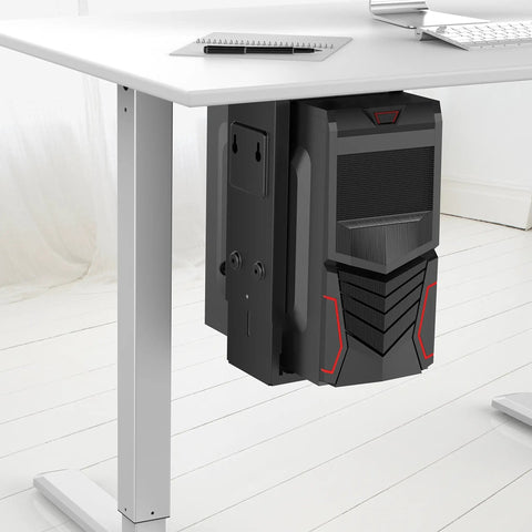 Close-up of adjustable under desk computer mount with black CPU holder, highlighting neat workspace vibes and stability.