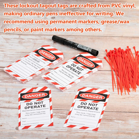 Lockout Tagout Kit Value Pack 50 Do Not Operate Tags And 50 Zip Ties For Quick Safe Lockout Procedures On Industrial Equipment Heavy Duty Easy To Hang Great For Worksites And Maintenance, PVC vinyl tags with red zip ties