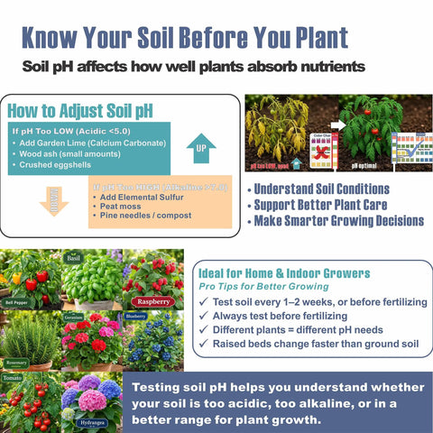 Must Have Quad Pad Four Zone Soil pH Test Strips Kit 0.25 pH Increments, 120 Count For Hydrangeas, Garden Soil, Herbs, Vegetables, Flowers, Lawns, Compost, Indoor And Outdoor Plants infographic