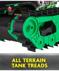 Close-up of Grave Digger Trax All Terrain Remote Control Vehicle tank treads, showcasing rugged design for outdoor terrains.
