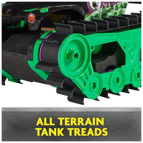 Close-up of Grave Digger Trax All Terrain Remote Control Vehicle tank treads, showcasing rugged design for outdoor terrains.