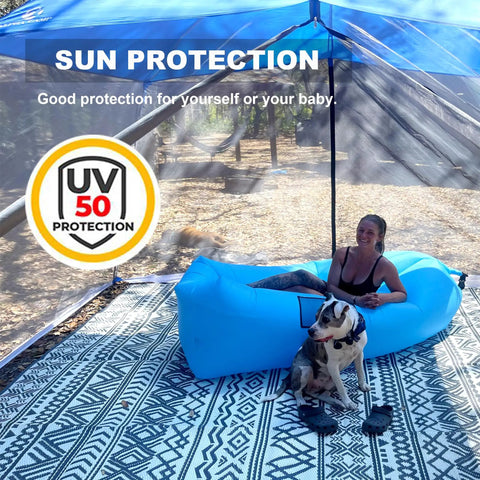 13 By 9 Ft Screen Tent For Backyard Or Beach Hangouts with sun shade canopy and mesh walls, featuring a woman and dog inside.
