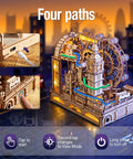 Illuminated Marble Run Puzzle Kit For Adults With LED Track And 431-Piece Laser-Cut Wood Build demonstrating four paths