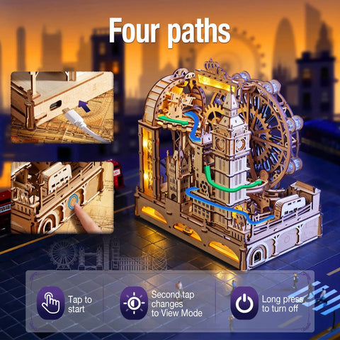 Illuminated Marble Run Puzzle Kit For Adults With LED Track And 431-Piece Laser-Cut Wood Build demonstrating four paths