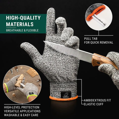 Cut Resistant Wood Carving Gloves Level 5 for Whittling, showcasing knife resistance and high-quality materials in use.