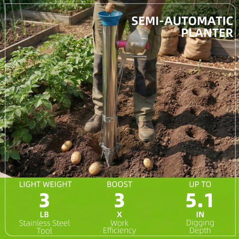 Semi Automatic Long Handled Garden Planter Tool For Seedlings And Bulbs Transplanter Hole Digger in garden with soil cover