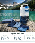 Pocket Sized Portable Travel Wash Bag Featuring Patented Washboard Design Ultra Lightweight Foldable Clothes Cleaner on rock by lake.