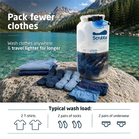 Pocket Sized Portable Travel Wash Bag Featuring Patented Washboard Design Ultra Lightweight Foldable Clothes Cleaner on rock by lake.