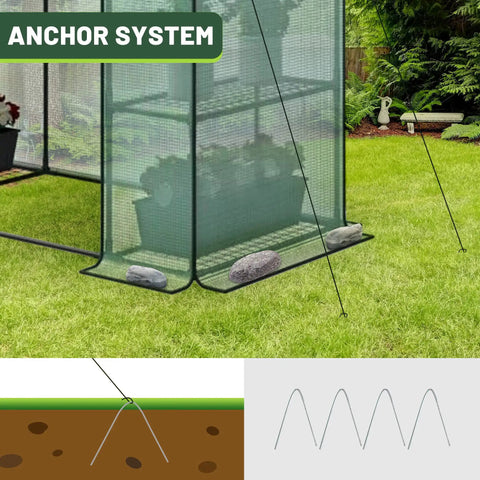 Anchor system of Spacious 3 Tier Walk In Greenhouse Kit With 6 Shelves And Durable PE Cover, outdoor plant protection.