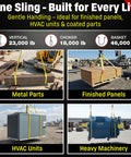Industrial Grade 4 Inch By 20 Foot Nylon Lifting Web Sling Made In USA holding metal parts, finished panels, HVAC, heavy machinery