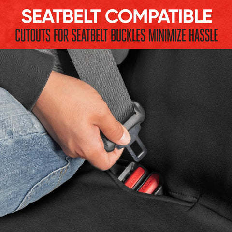 Person securing seatbelt on waterproof neoprene rear bench seat cover for cars trucks SUVs and vans 100 percent back seat protector against spills messes dog hair mud and kids universal fit with buckle cutouts.